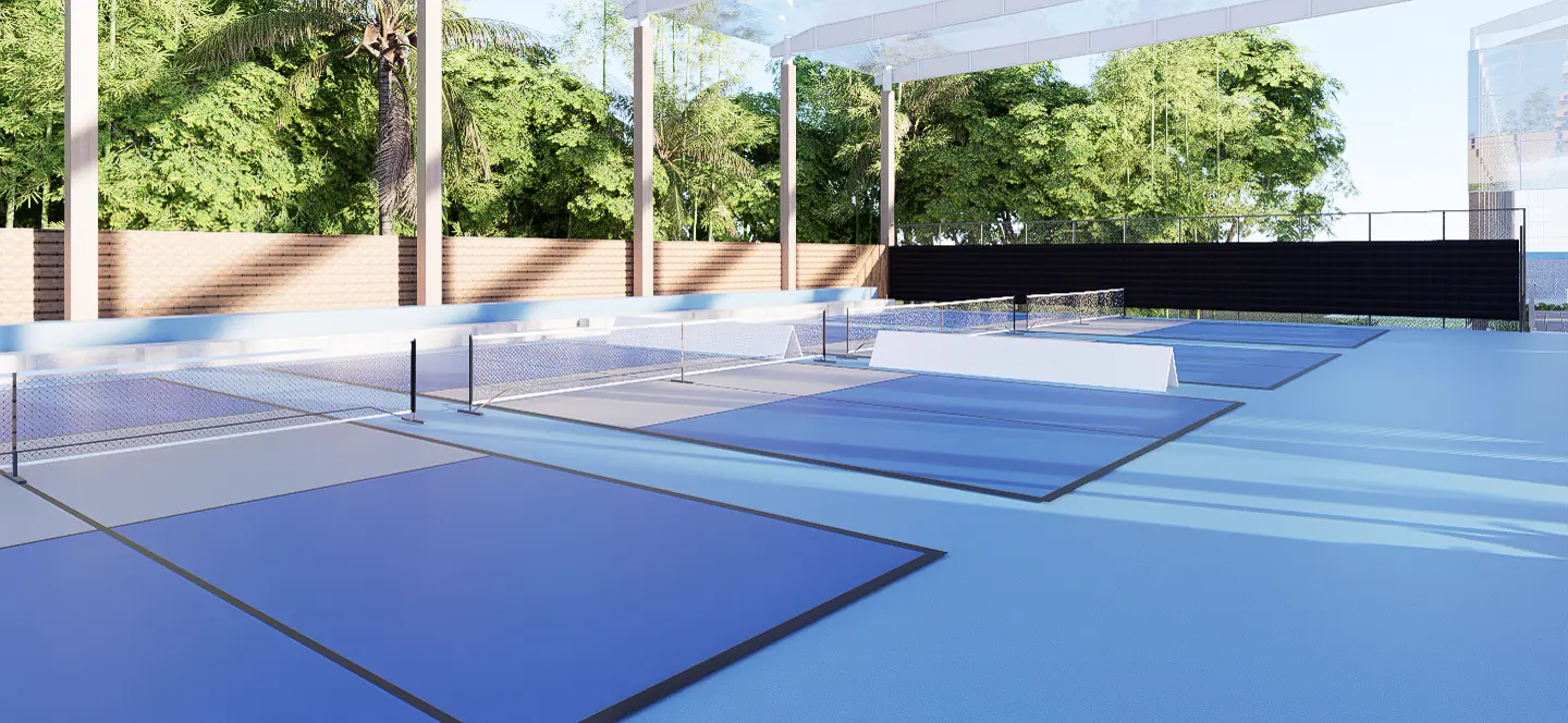 Die überdachten Pickleballplätze im Mouratoglou Tennis Center Bali