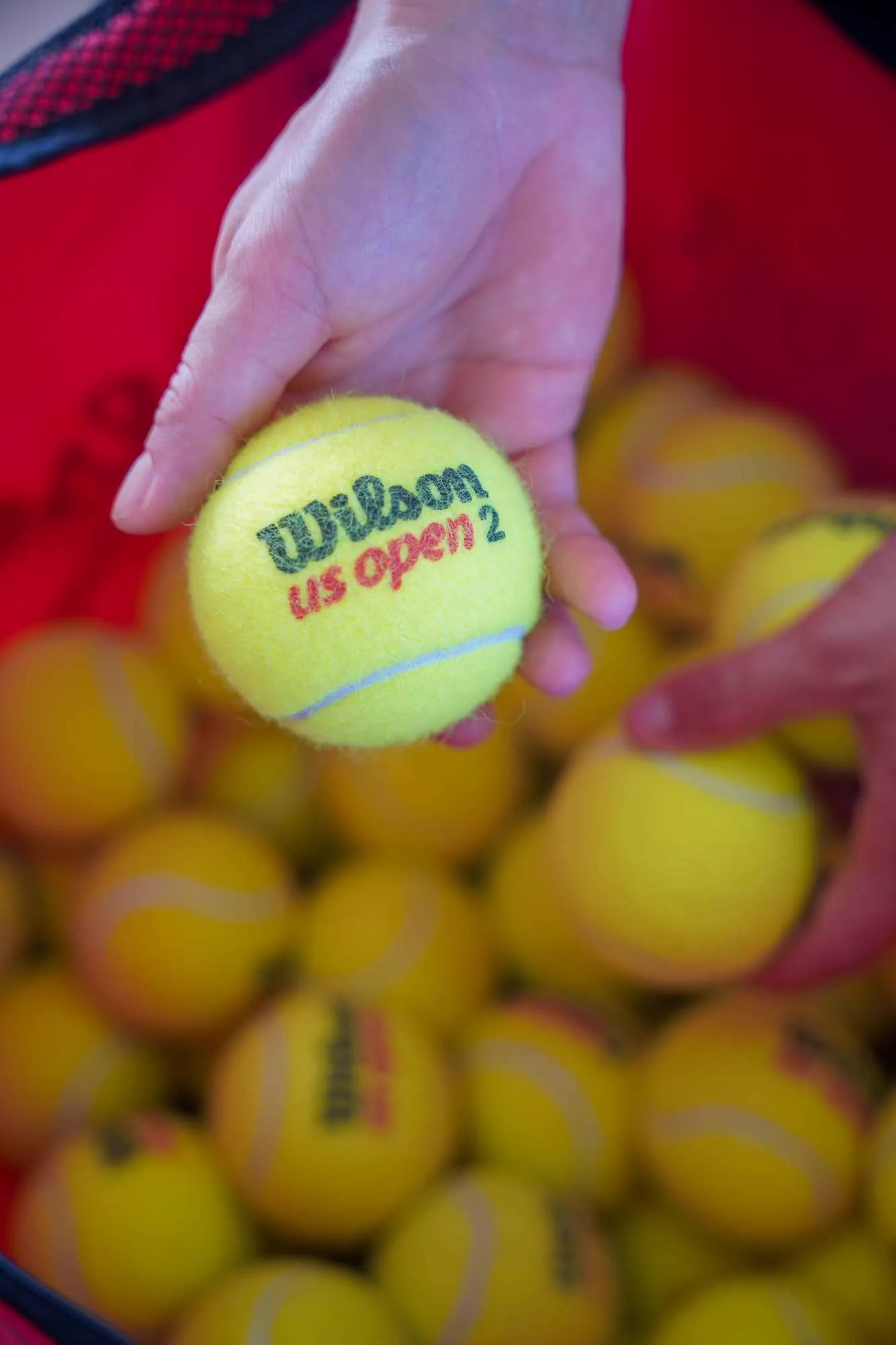 Mano sosteniendo una pelota de tenis Wilson US Open sobre una cesta de pelotas.