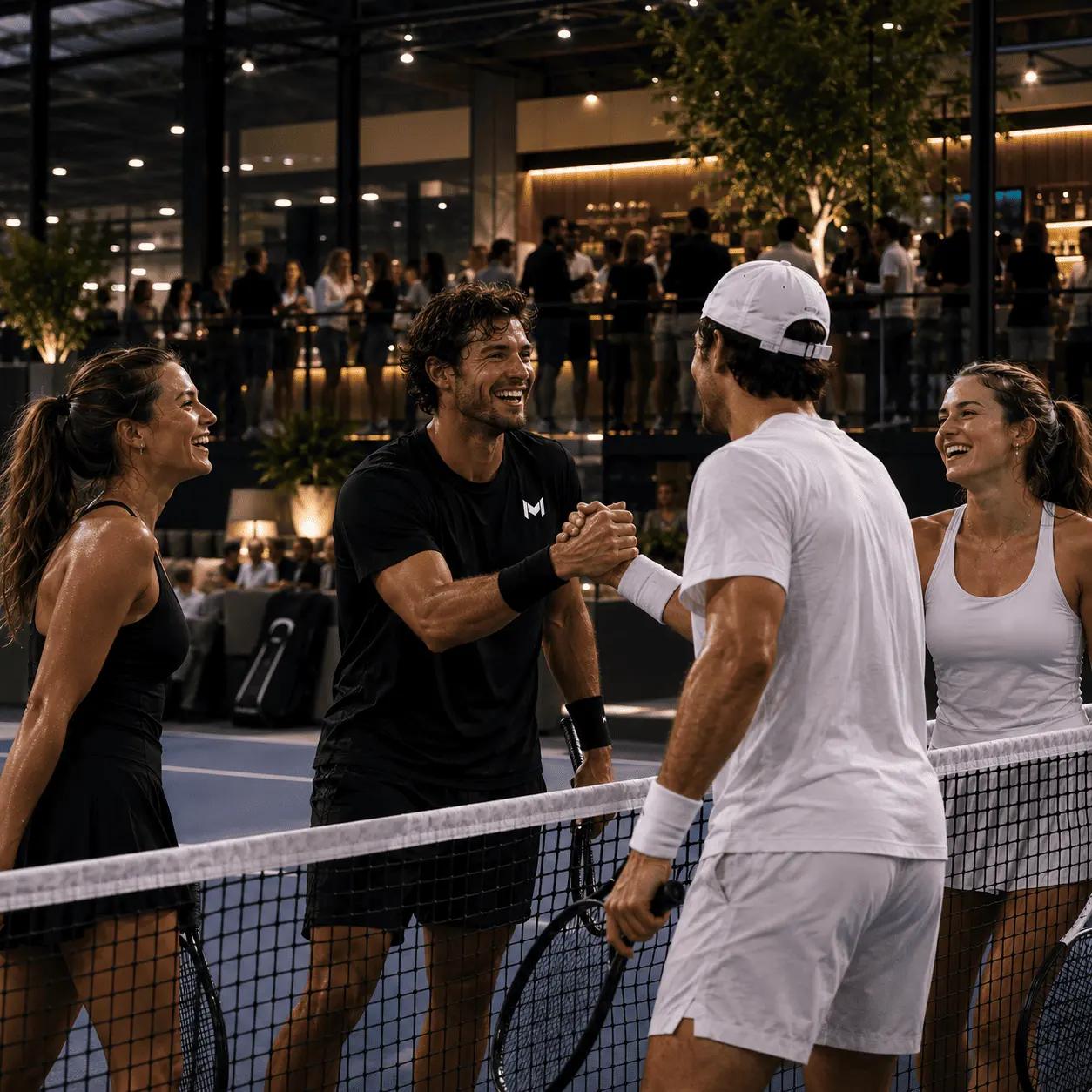 Adult players shaking hands at the net after a match on an indoor court in Noblesville.