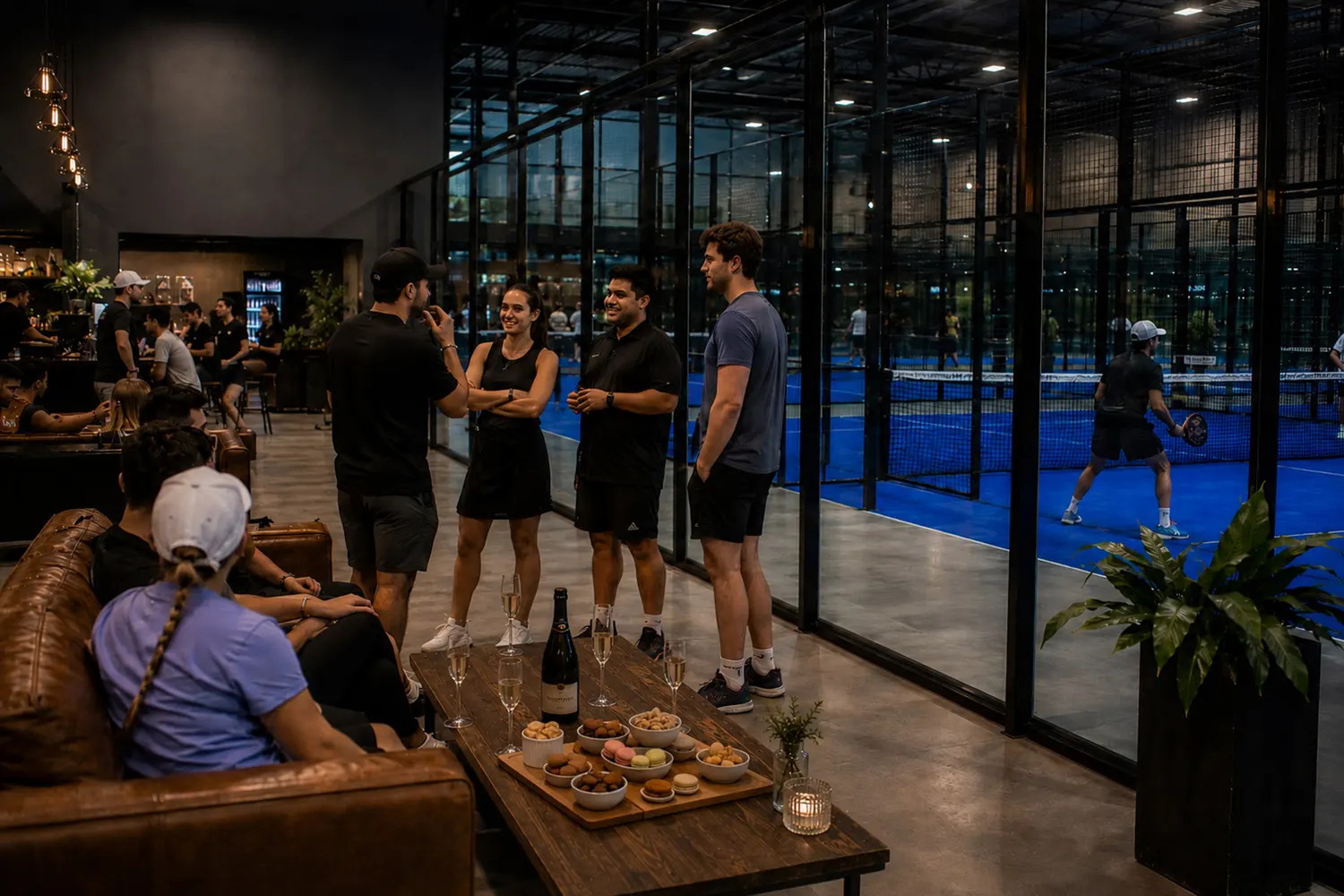Joueurs et invités dans le lounge à côté des courts de padel couverts