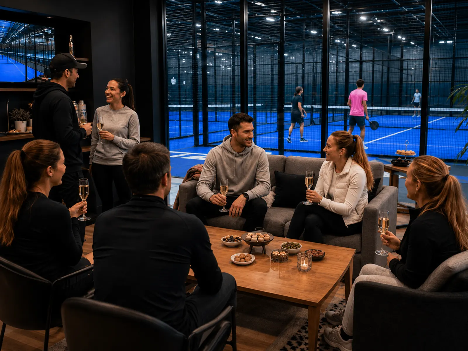 Guests gathering in the lounge overlooking the indoor courts in Noblesville.