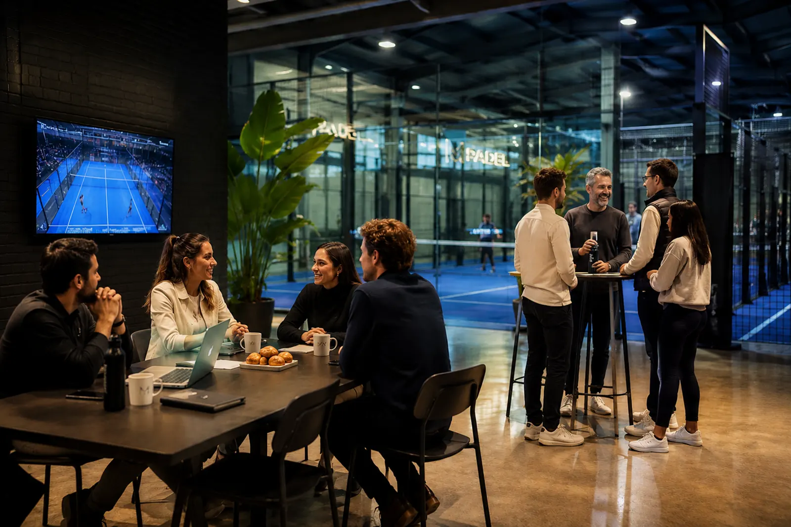 Professionnels réunis autour d’une table dans un espace de travail surplombant les courts