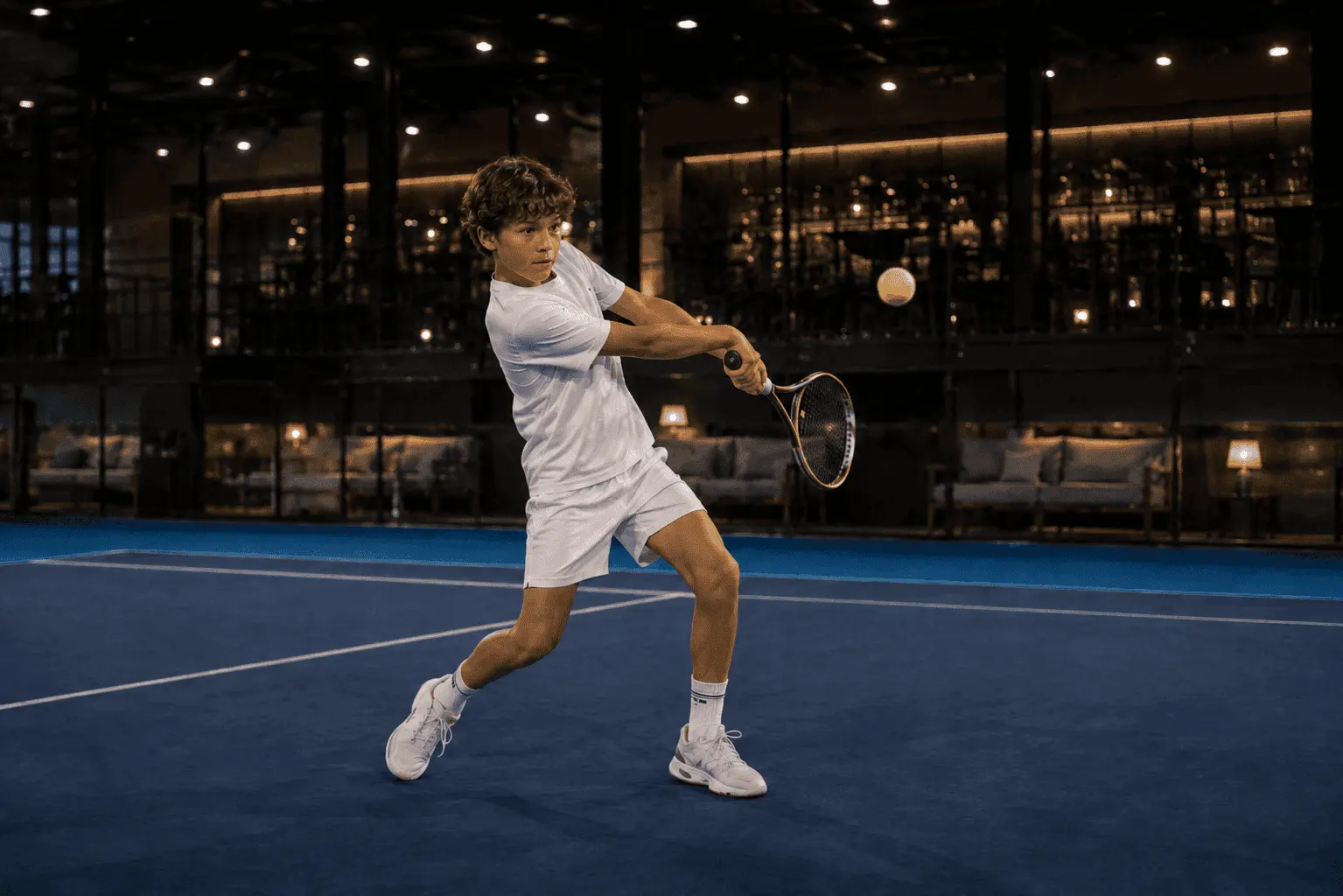 Jeune joueur frappant un revers sur un court couvert du Mouratoglou Tennis Center Noblesville