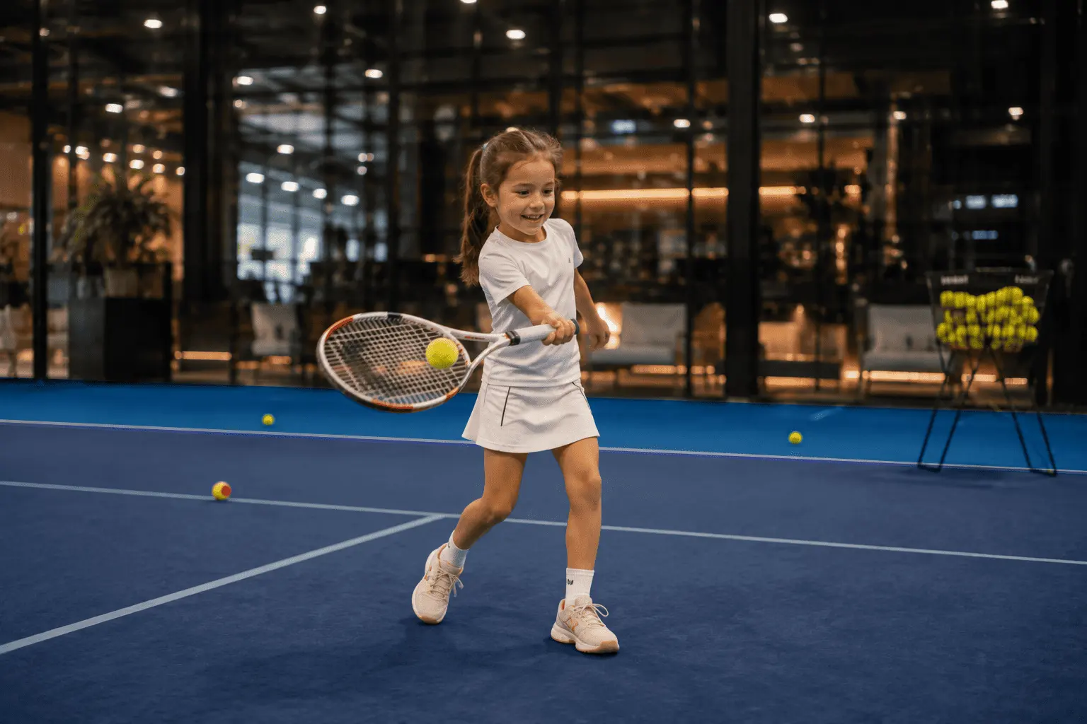 Jeune fille frappant un coup droit sur un court de tennis couvert