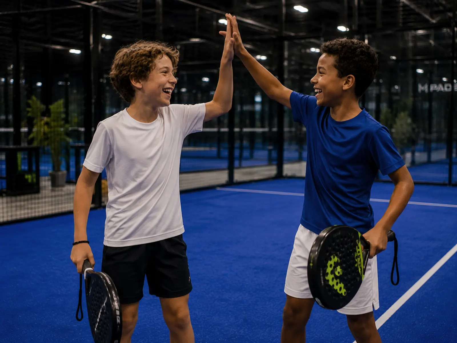 Two junior players giving each other a high five on an indoor padel court in Noblesville.