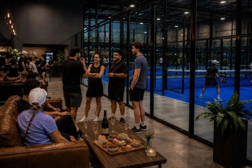 Players and guests in the lounge beside the indoor courts at Mouratoglou Tennis Center Noblesville.