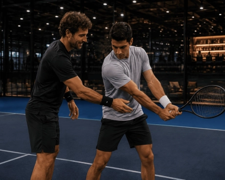 Mouratoglou coach correcting a player's forehand on an indoor court in Noblesville.
