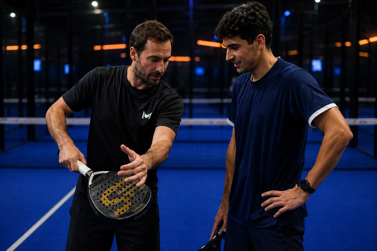 Entrenador de pádel mostrando la empuñadura a un jugador durante una clase particular
