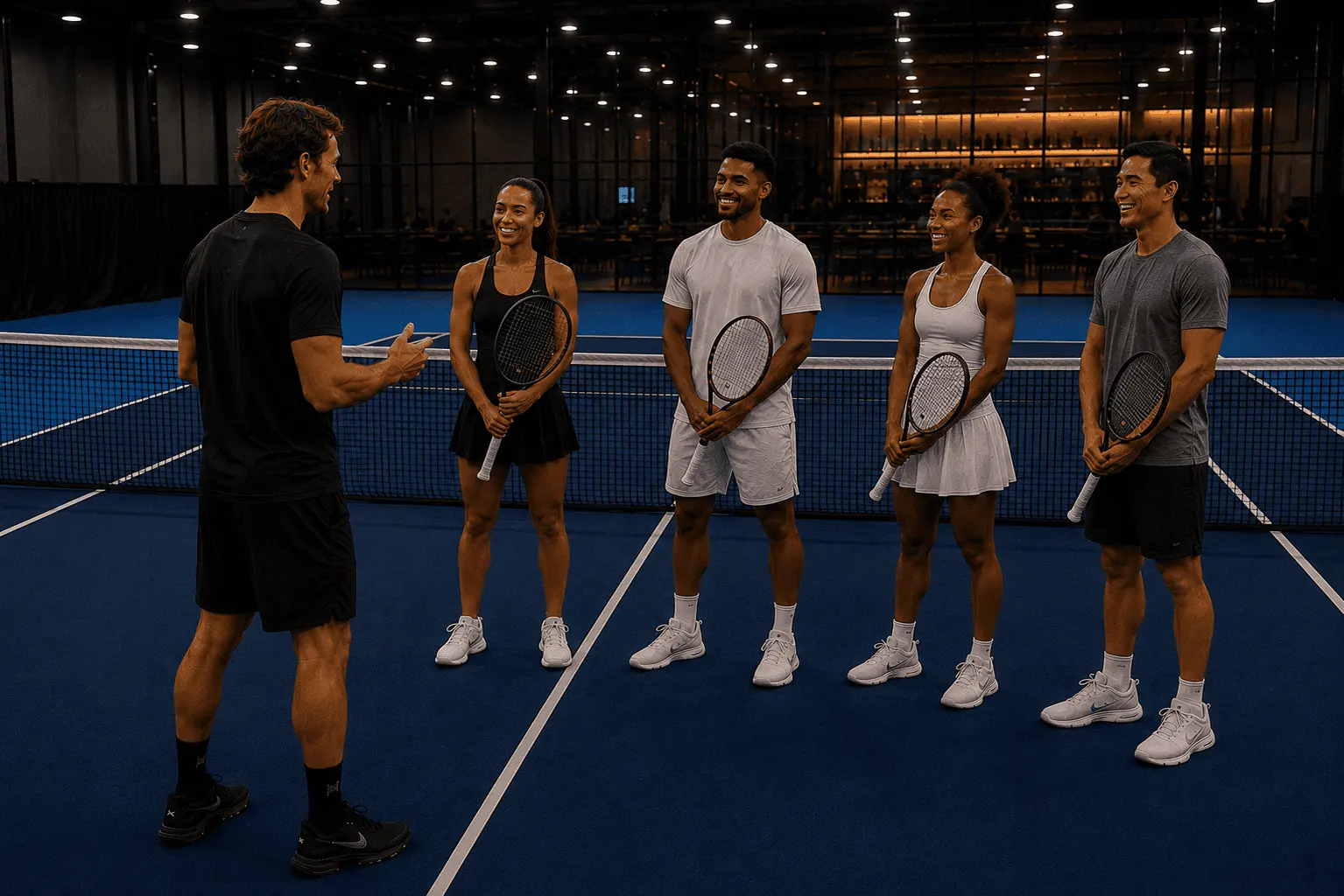 Entrenador dando indicaciones a un pequeño grupo de jugadores adultos en una pista de tenis cubierta