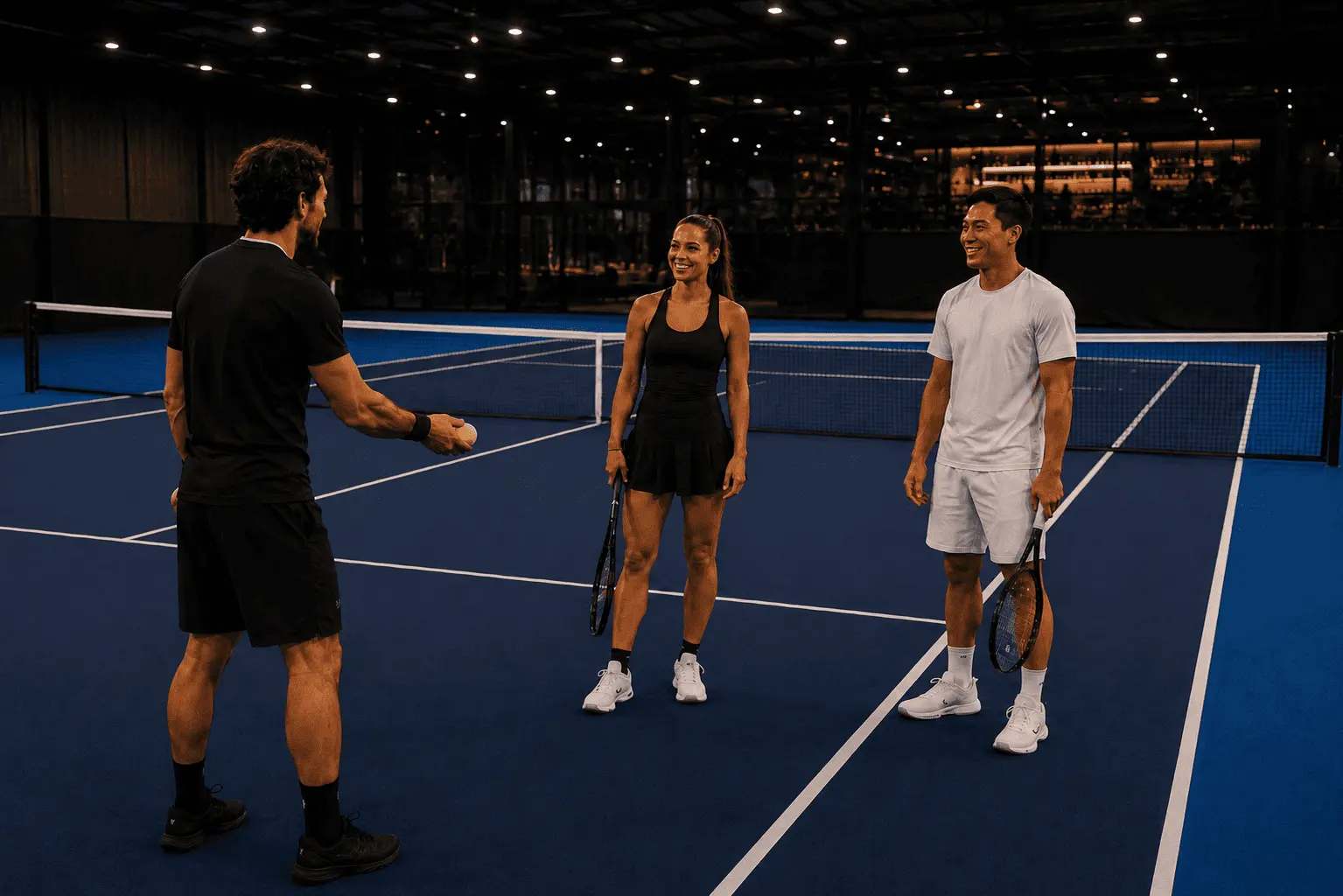 Entrenador hablando con dos jugadores durante una clase semiparticular en una pista de tenis cubierta