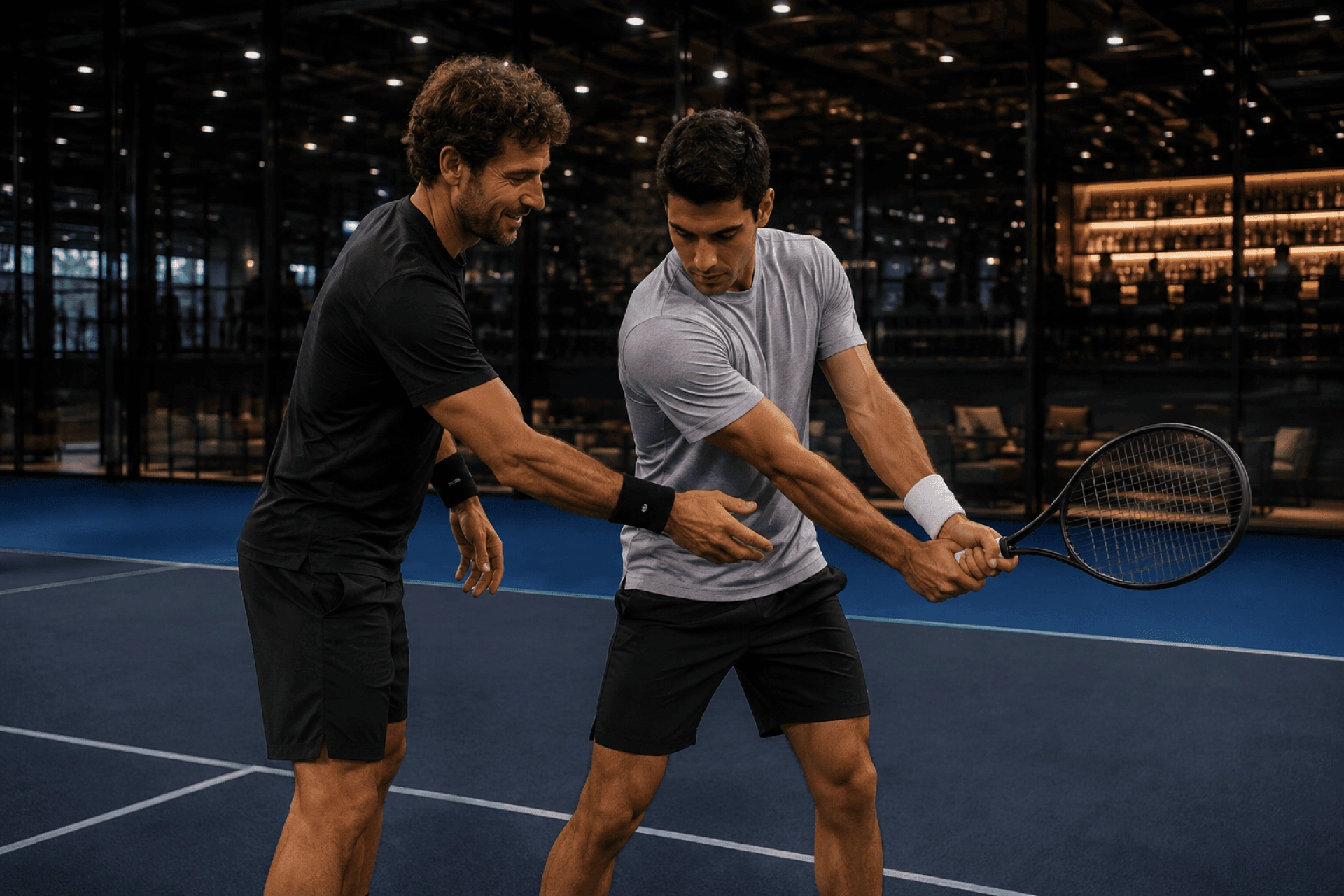 Entrenador Mouratoglou corrigiendo el revés de un jugador en una pista cubierta
