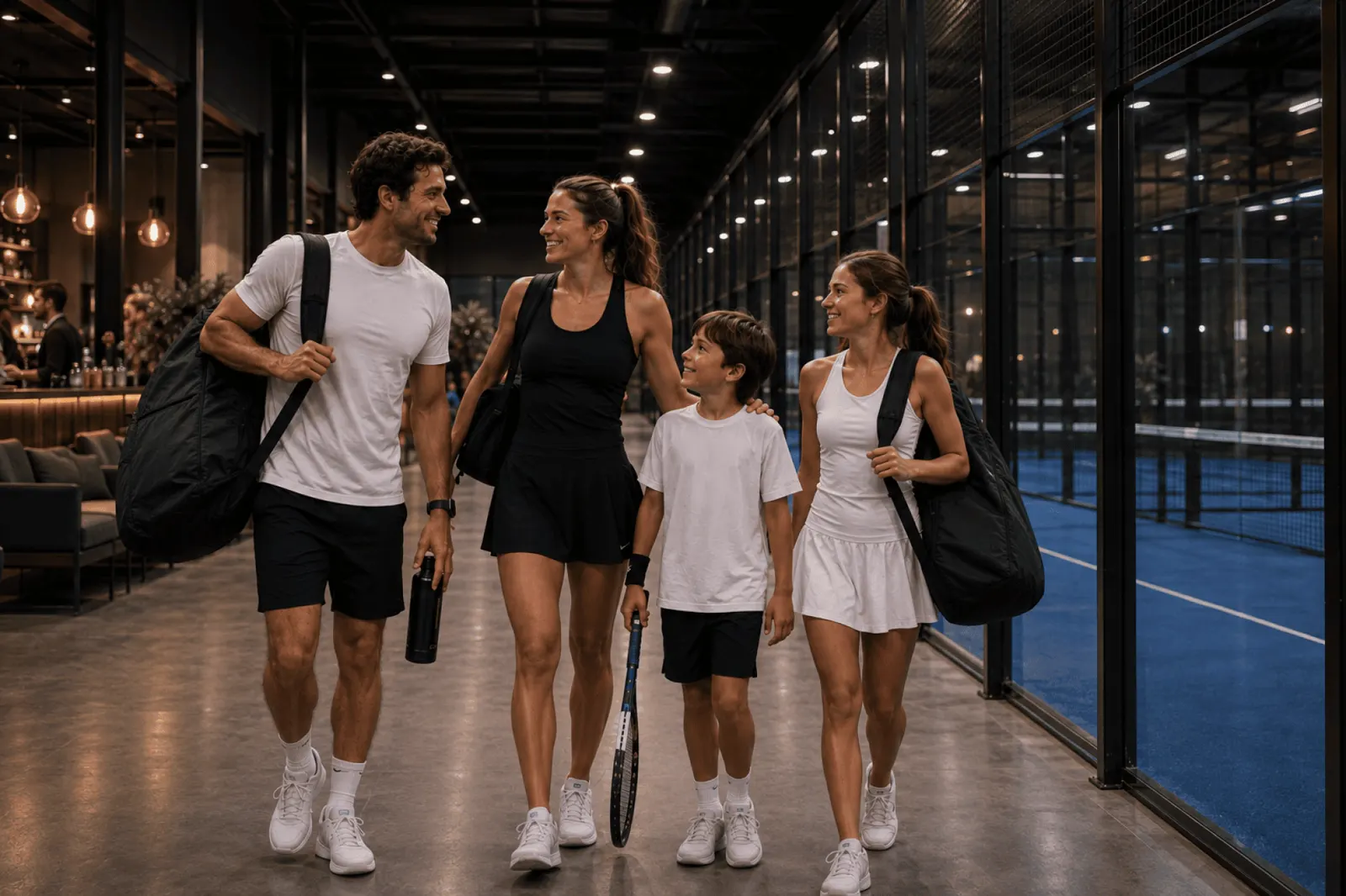 Eine Familie mit ihren Schlägern vor den Indoor-Plätzen