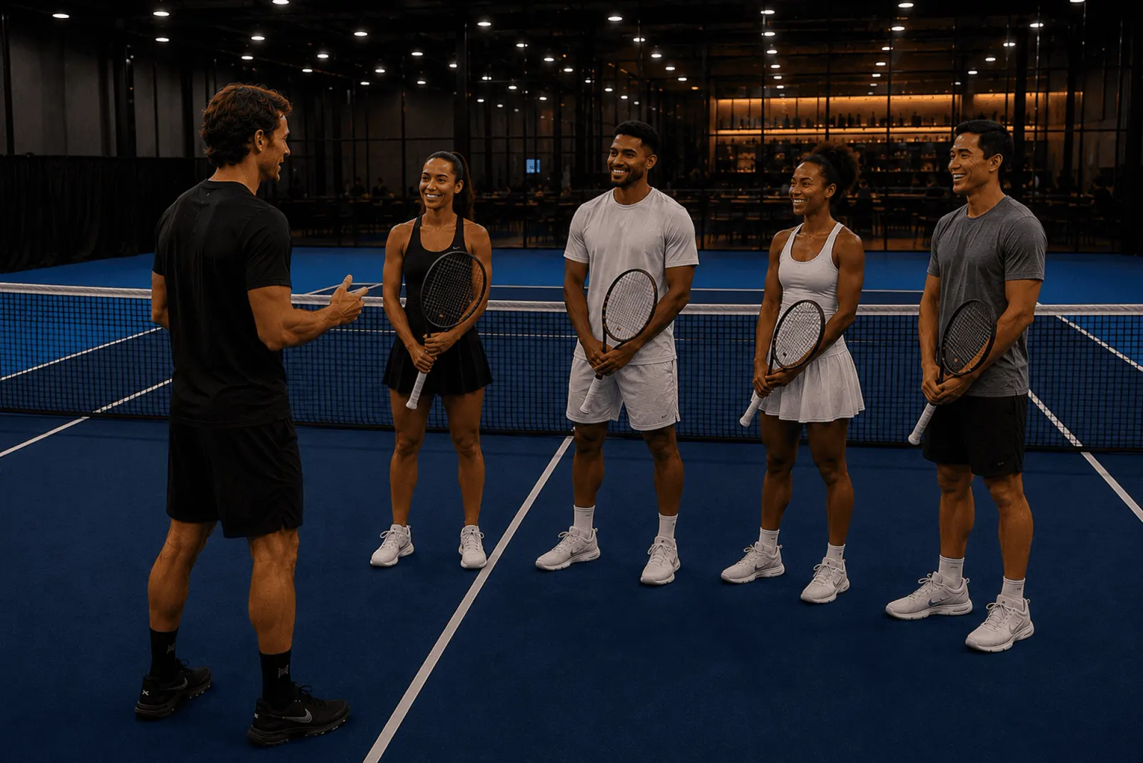 Entrenador hablando con un grupo de cuatro jugadores en una pista de tenis cubierta