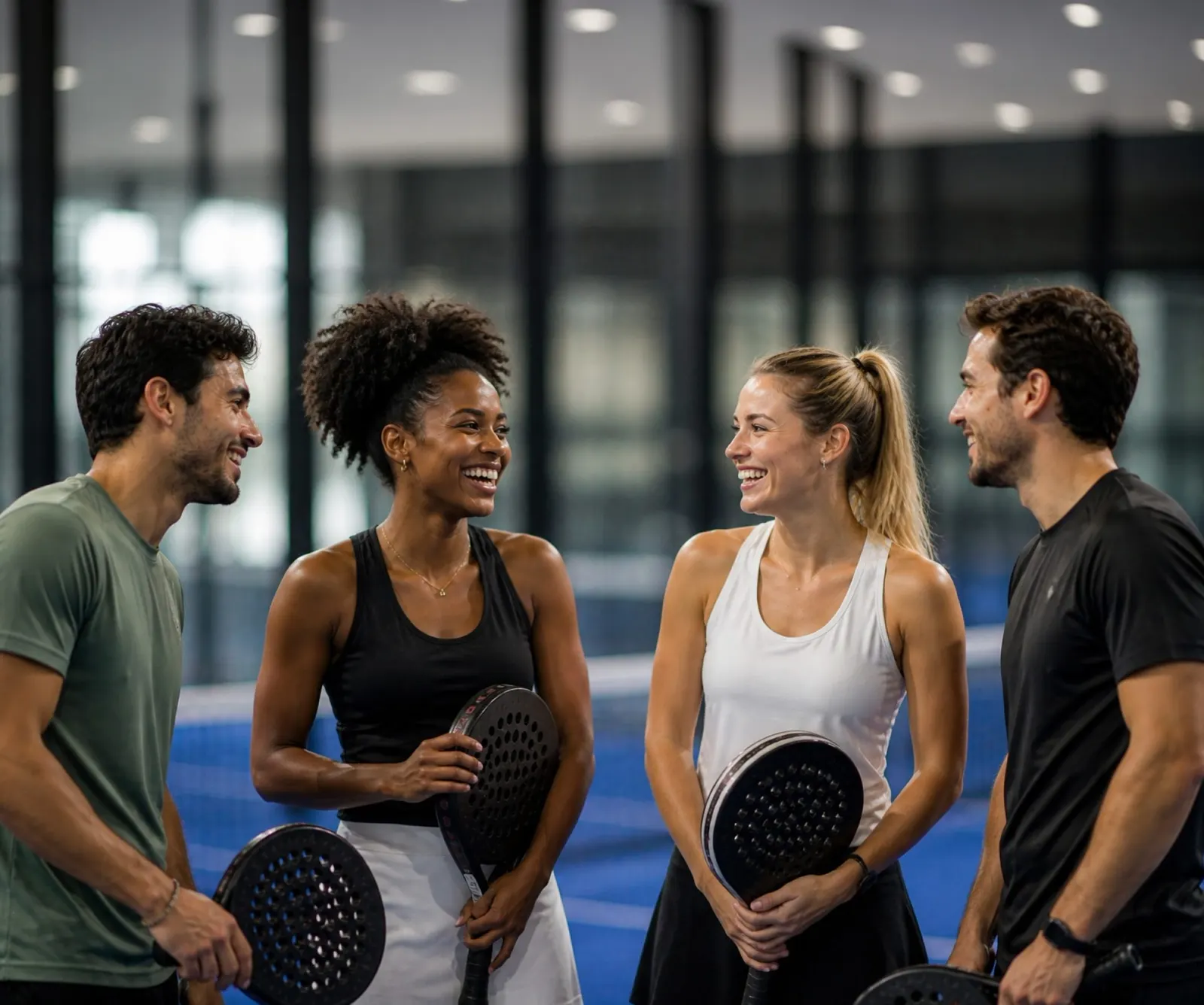 Quatre joueurs de padel discutant sur un court intérieur