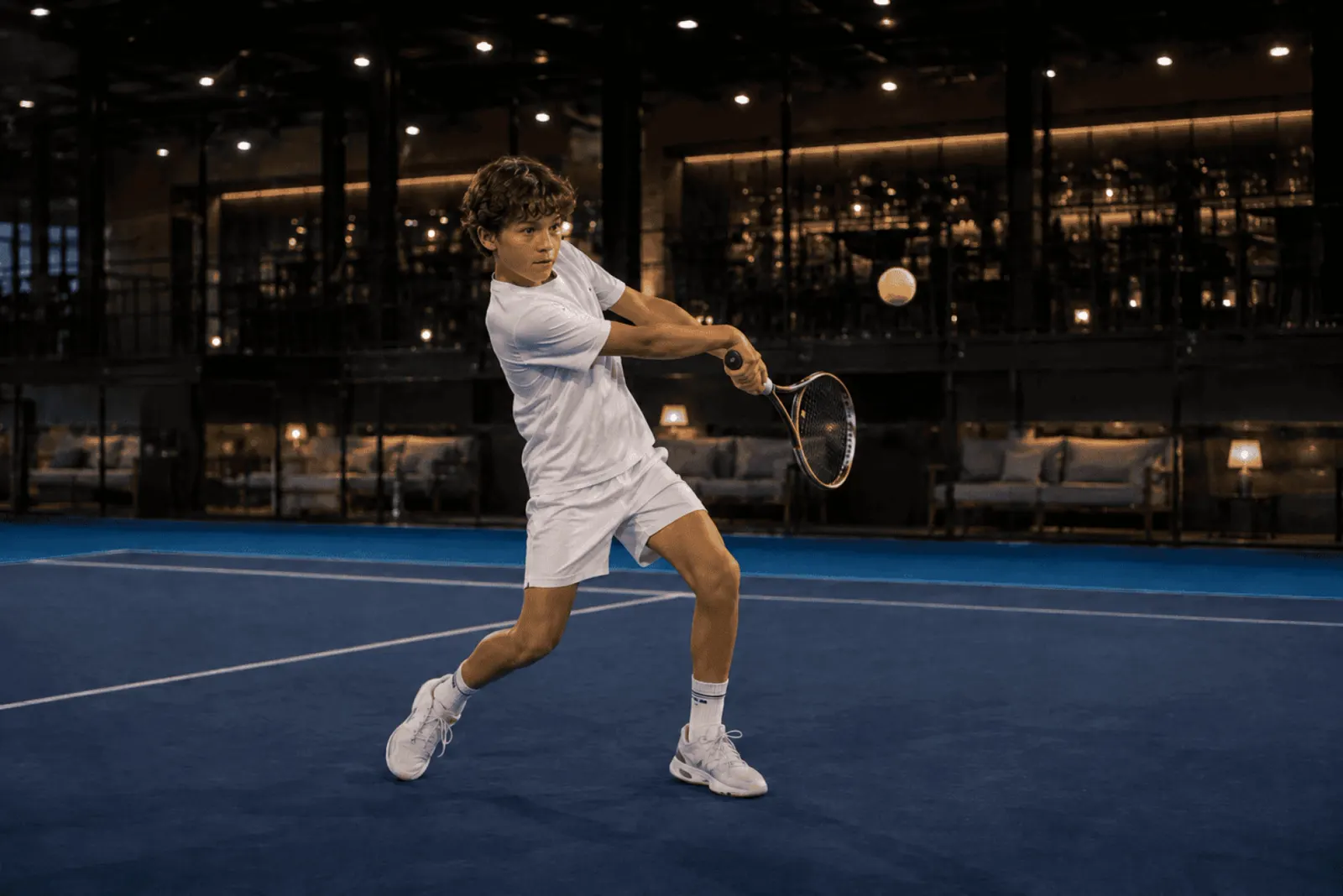 Junger Spieler schlägt eine Rückhand auf einem Indoor-Tennisplatz