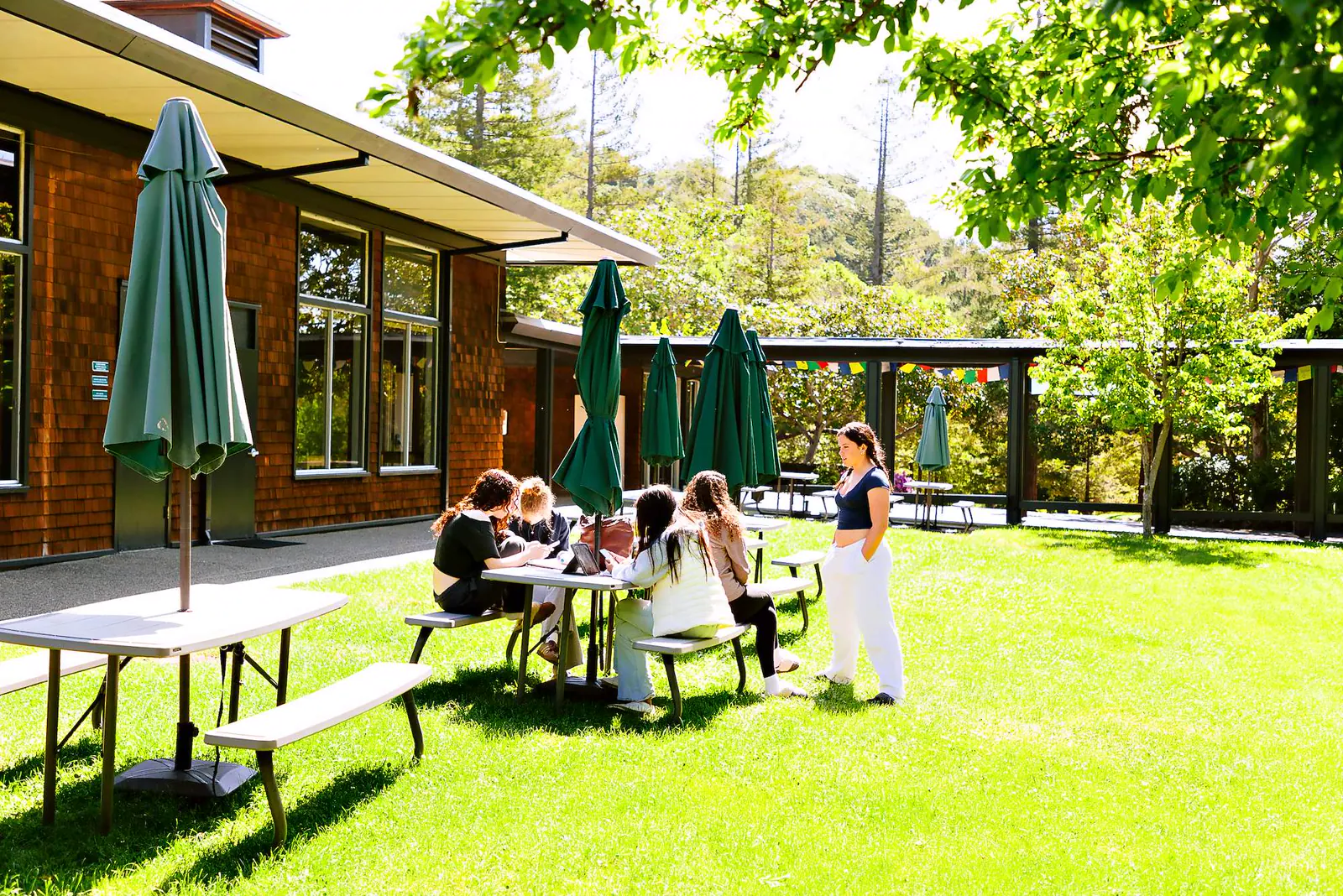 Alumnos compartiendo una comida al aire libre en el campus de San Francisco.