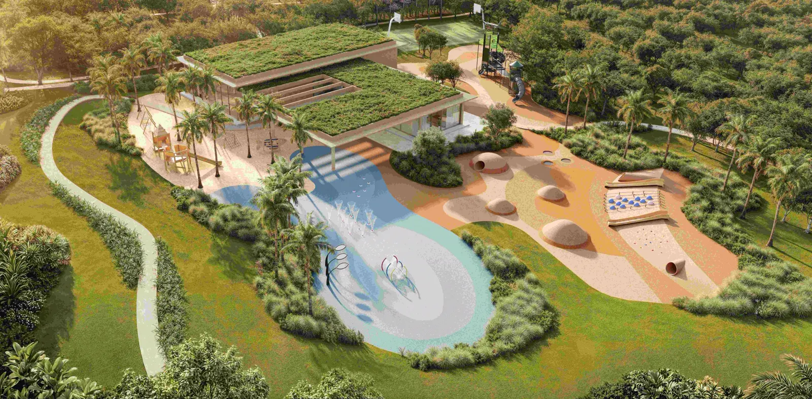 Vista aérea de la futura casa club con cubierta vegetal, una piscina laguna y zonas de juego en Heritage Riviera.