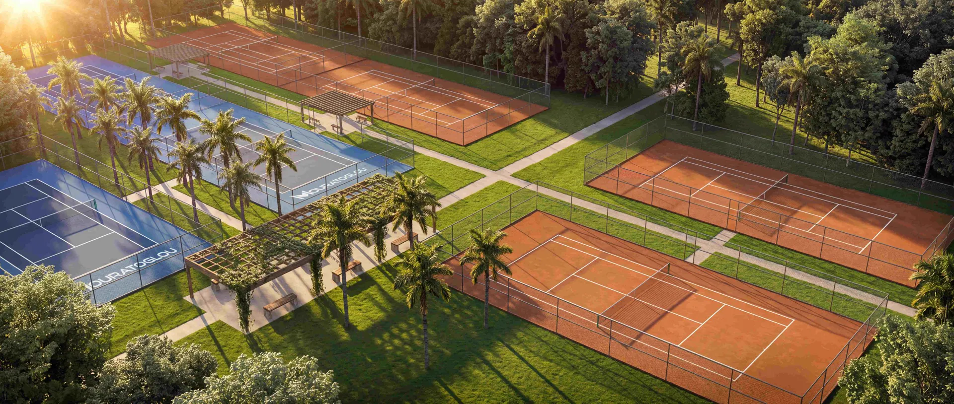 Vista aérea de las futuras pistas de tenis de tierra batida y pista dura entre palmeras en Heritage Riviera, São Paulo.