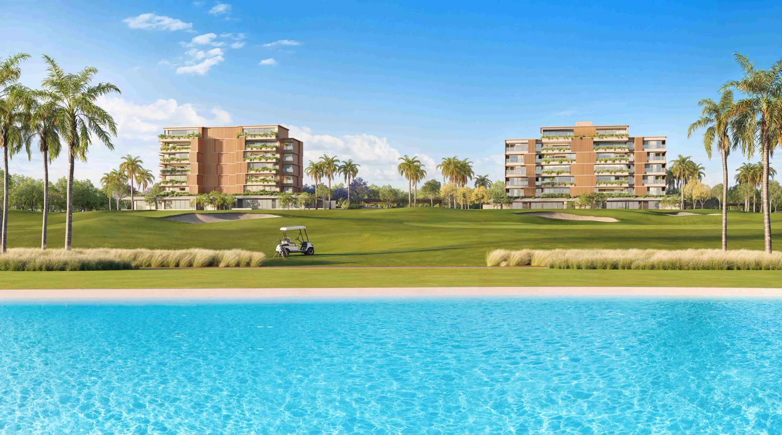 Torres residenciales con vistas a las zonas verdes y a una piscina en Heritage Riviera.