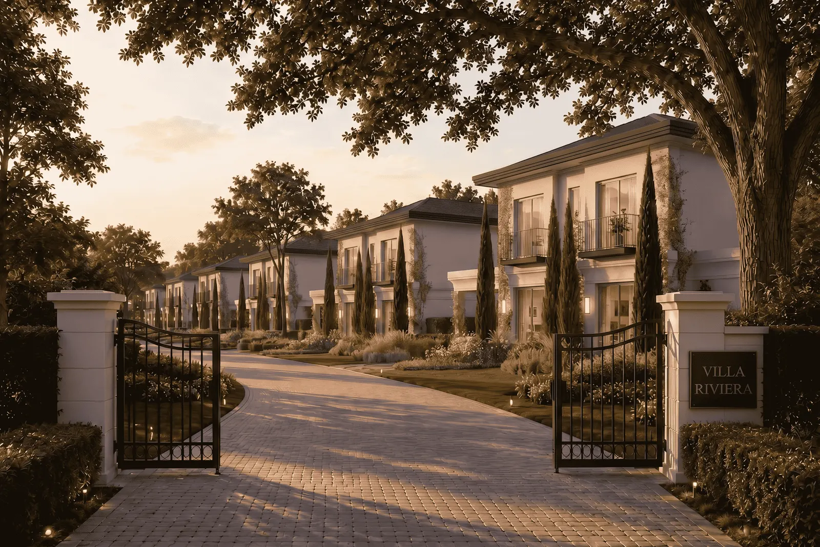 Entrada arbolada a las villas en Heritage Riviera.