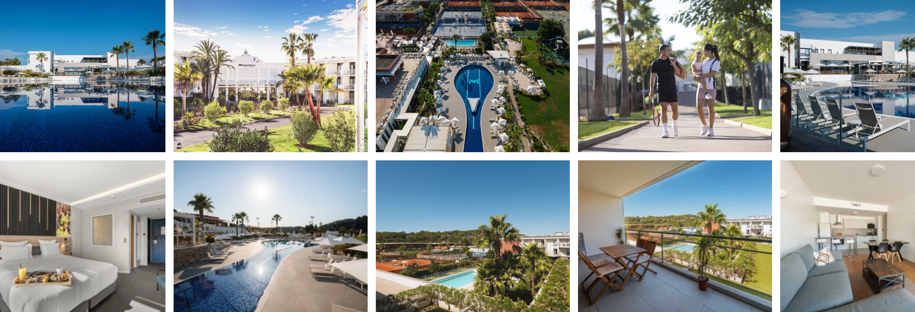 Piscina dell’hotel, giardini, camera e spazi del resort, oltre al balcone della residence e all’interno di un appartamento
