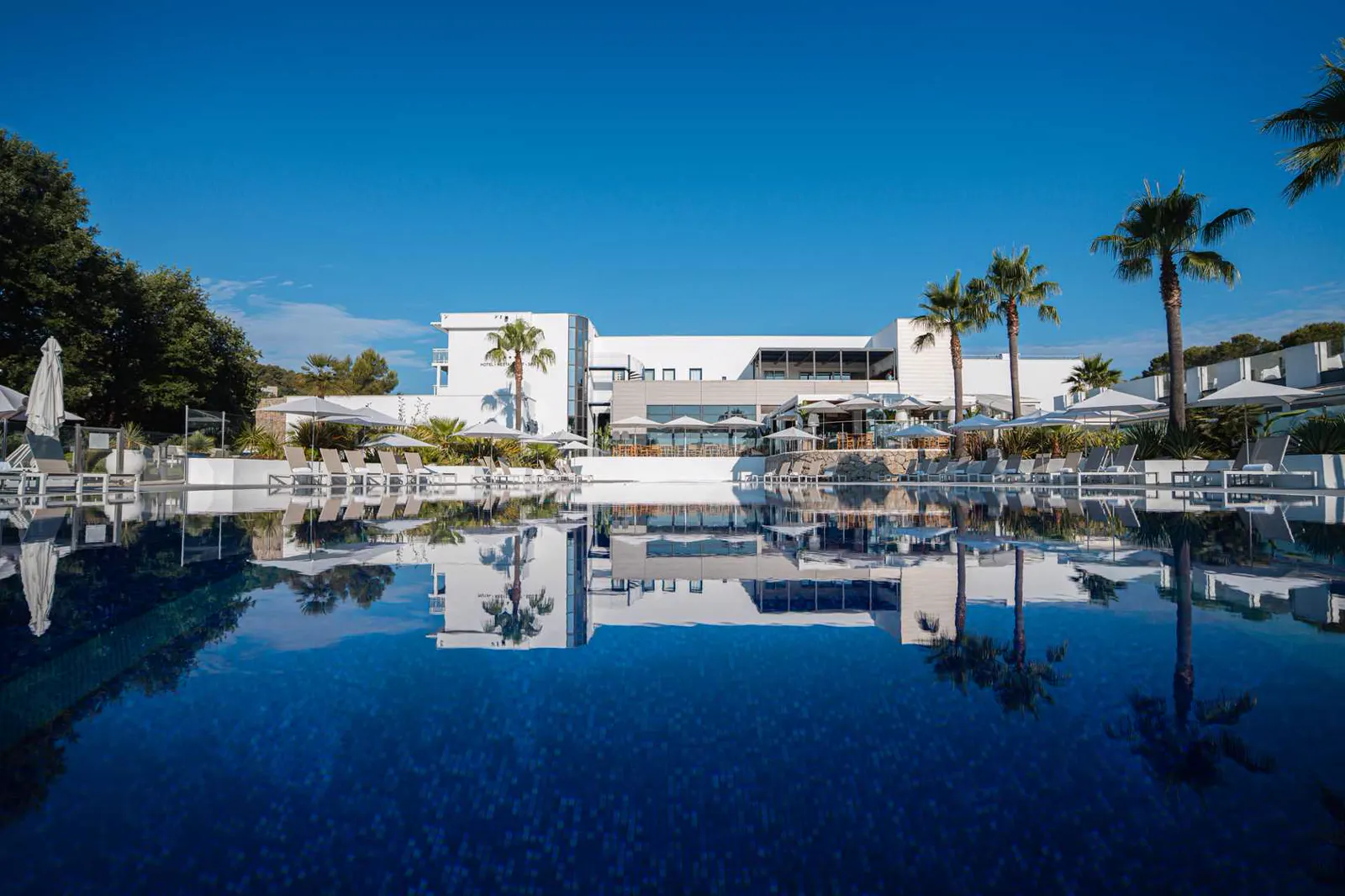 La piscine du Mouratoglou Hotel & Resort, où se reflètent l’hôtel et les palmiers