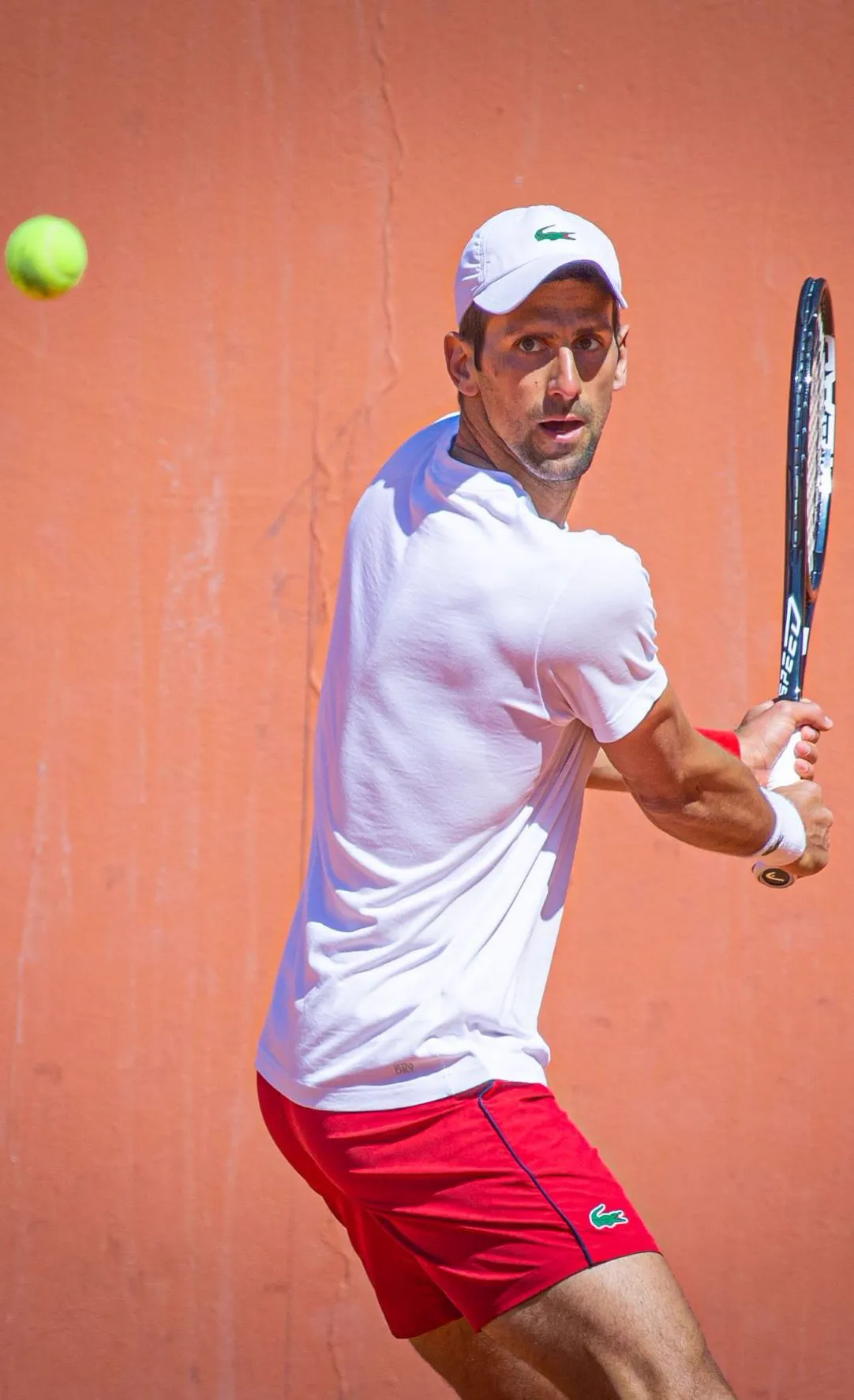 Novak Djokovic hitting a backhand on clay