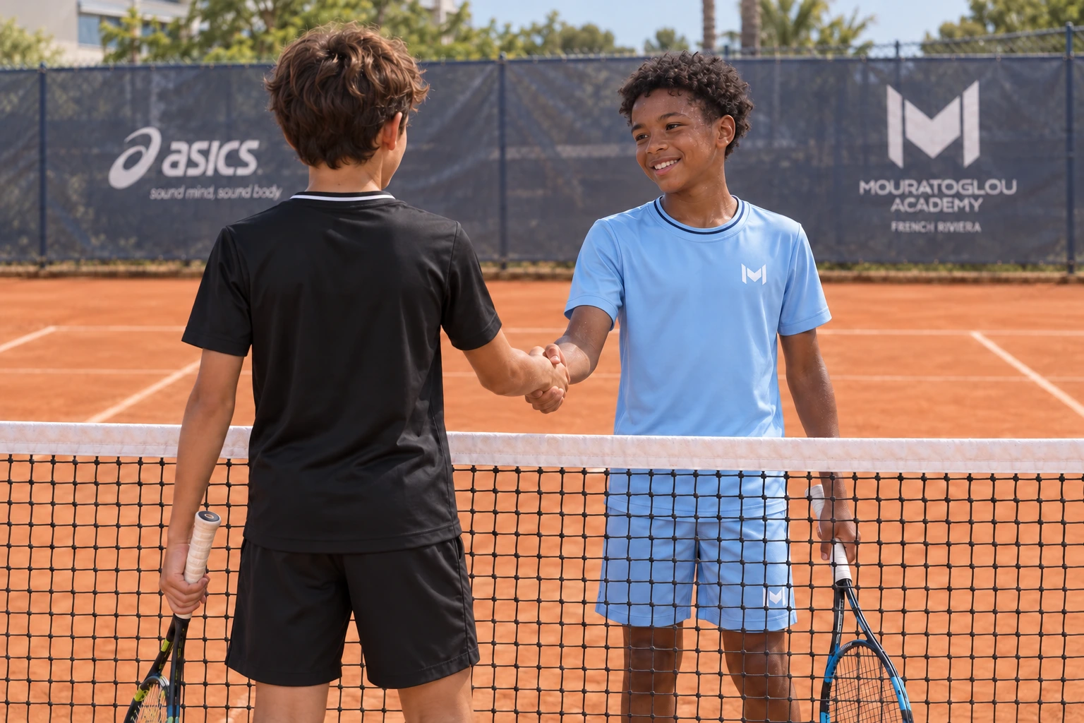 Two young players in Mouratoglou T-shirts shaking hands at the net