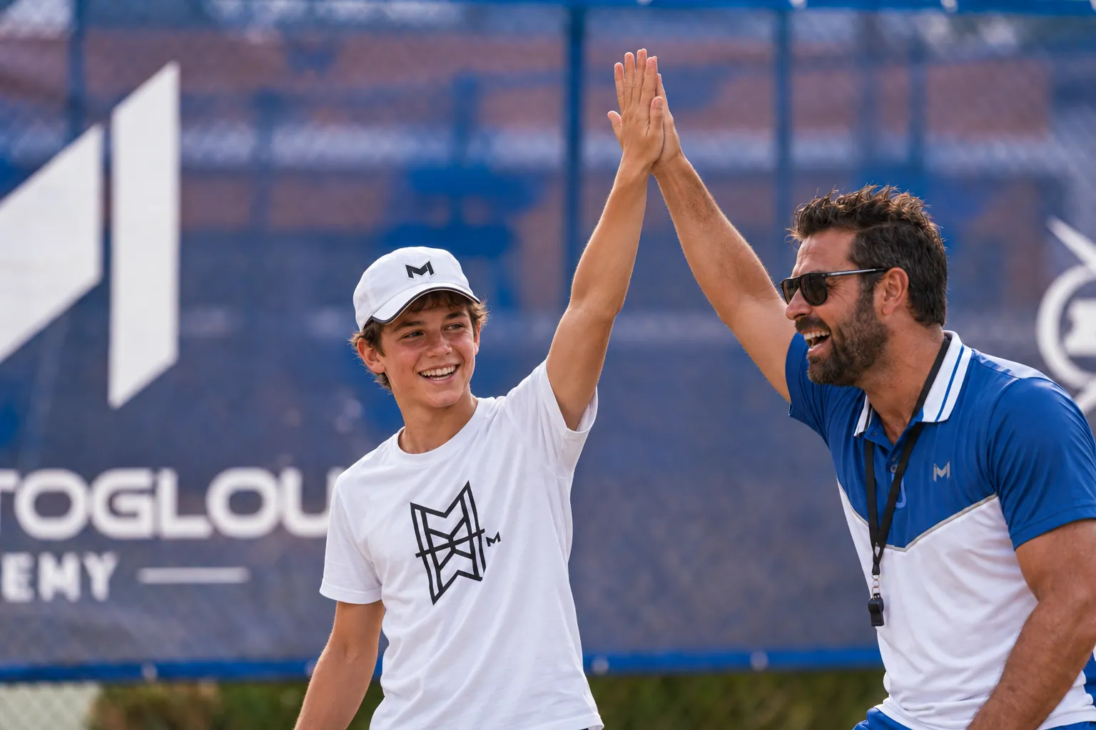 Young player in a white Mouratoglou graphic T-shirt high-fiving his coach