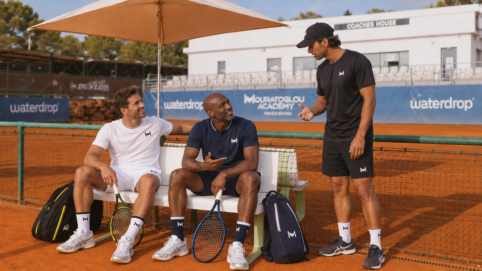 Giocatori adulti che condividono un momento con il loro coach sulla terra battuta