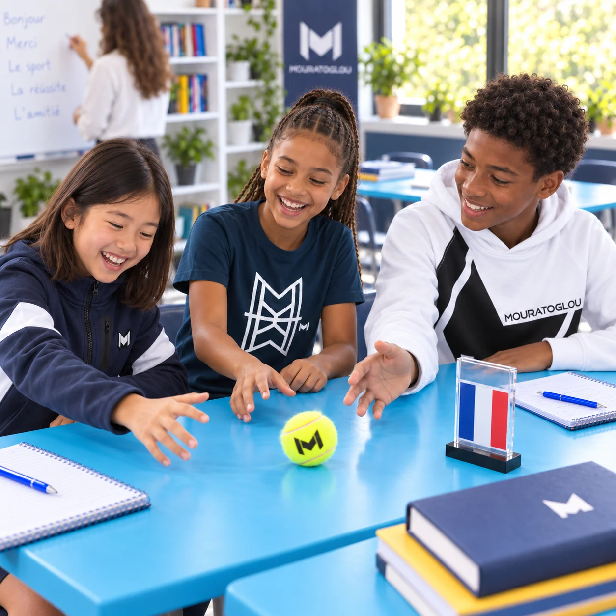 Giovani studenti Mouratoglou imparano il francese insieme in classe